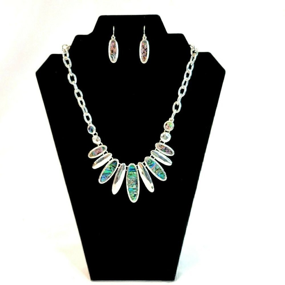 Handmade Set Necklace Earrings Silver Plated Abalone Adjustable